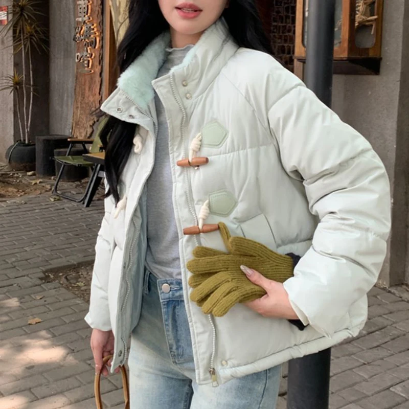 Rimocy Sweet Pink Cropped Parkas Women Warm Fur Stand Collar Cotton Padded Jacket Woman Korean Horn Buckle Bread Puffer Coats