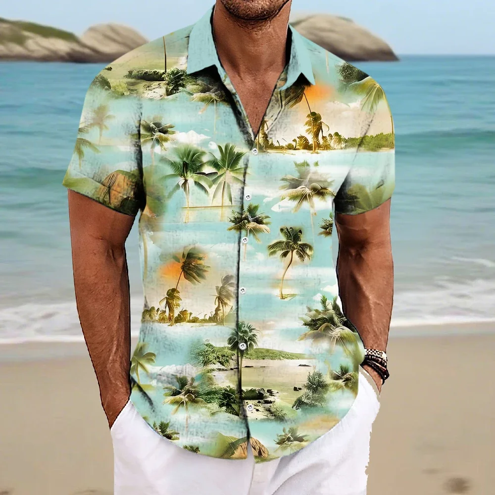 

Beach Men's Lapel Shirt Summer Short Sleeve Outdoor Everyday Shirt Tops Coconut Tree Printed Pattern Loose Oversize Men Clothing