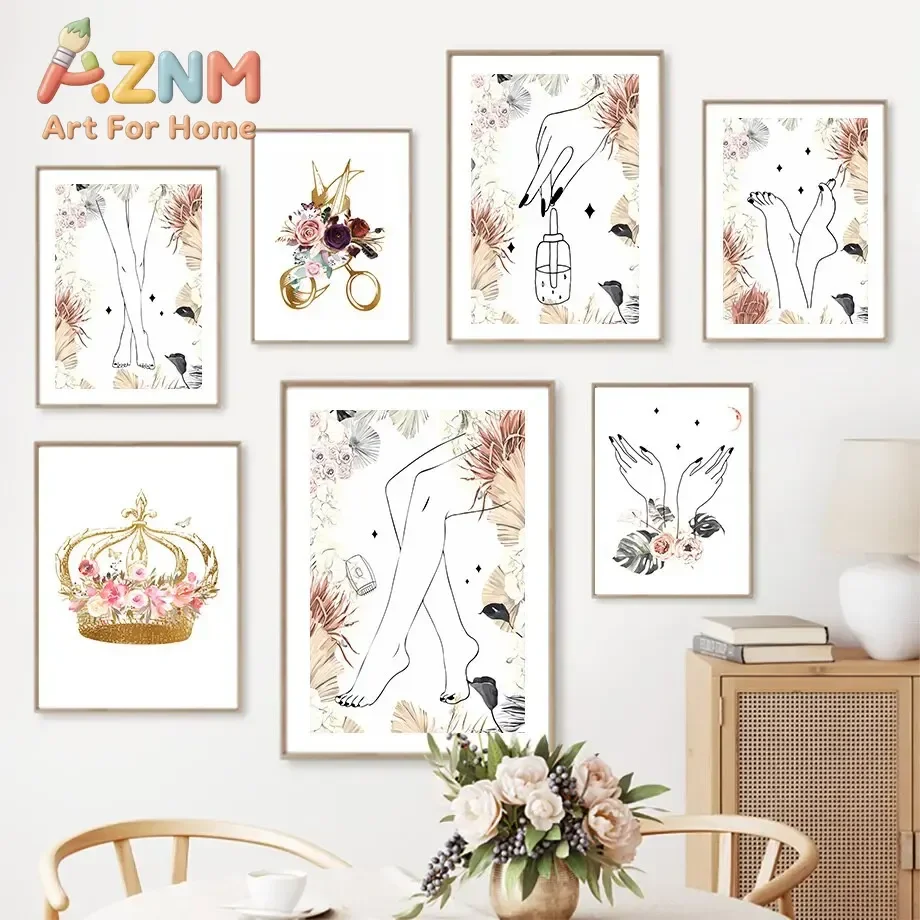 Boho Floral Scandi Wall Art Canvas Painting  Nordic Posters and Prints for Beauty Salon Spa Decor  Pedicure Scissor Nail Art