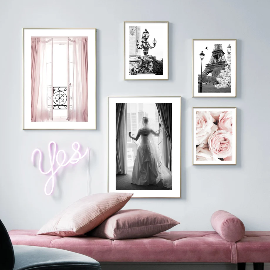 Paris Balcony Lady Tower Pink Rose Flower Posters And Prints Wall Art Mural Canvas Painting Decoration Pictures For Living Room