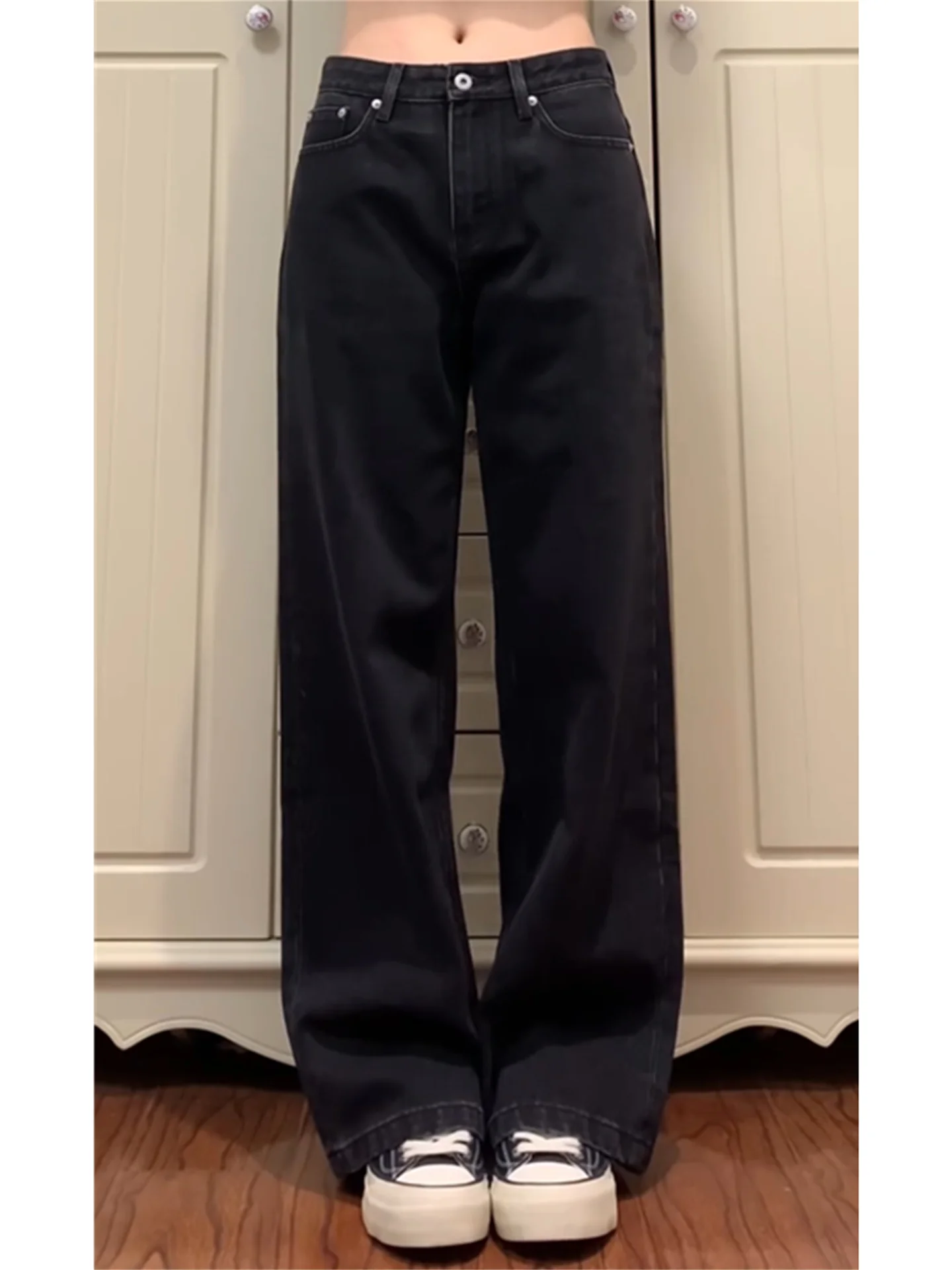 

American Style Vintage Black Slim Straight Leg Jeans Women's Loose Drapey Tall Extended Wide Leg Pants Casual Cotton Jeans