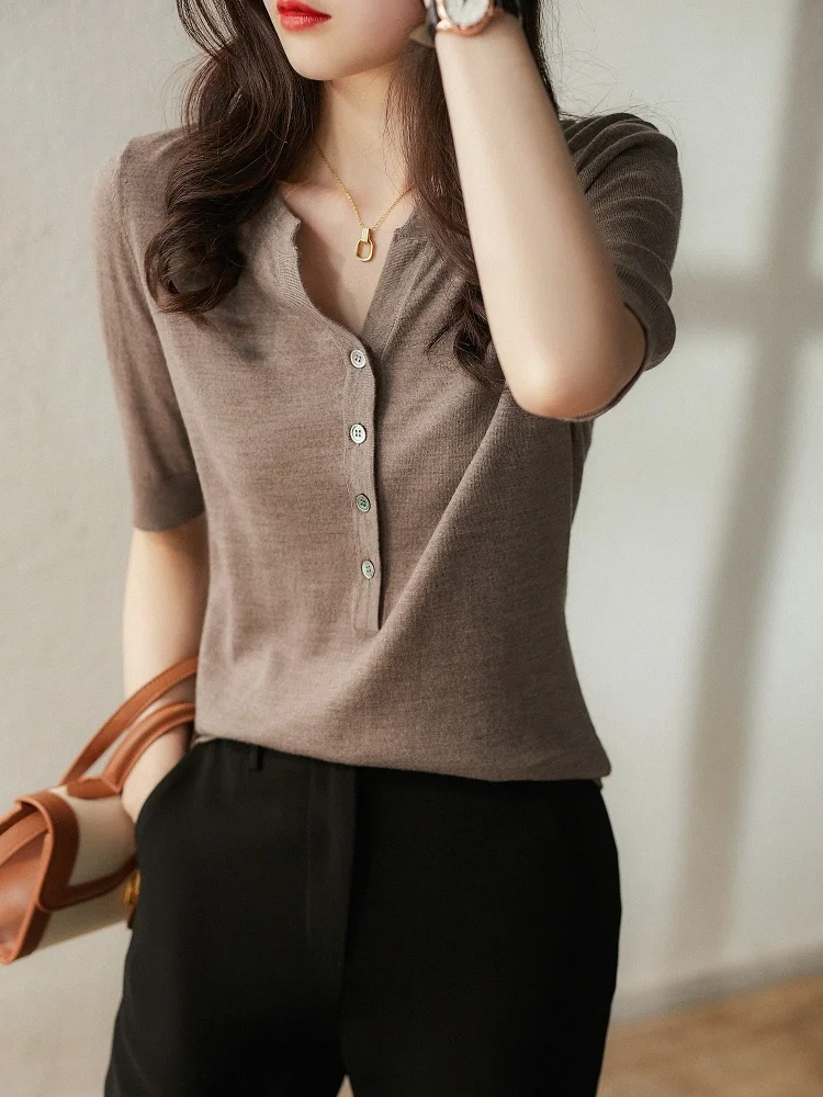 

Summer new V-neck sweater women's pullover short sleeve sweater worsted wool short sleeved women's pullover T-shirt