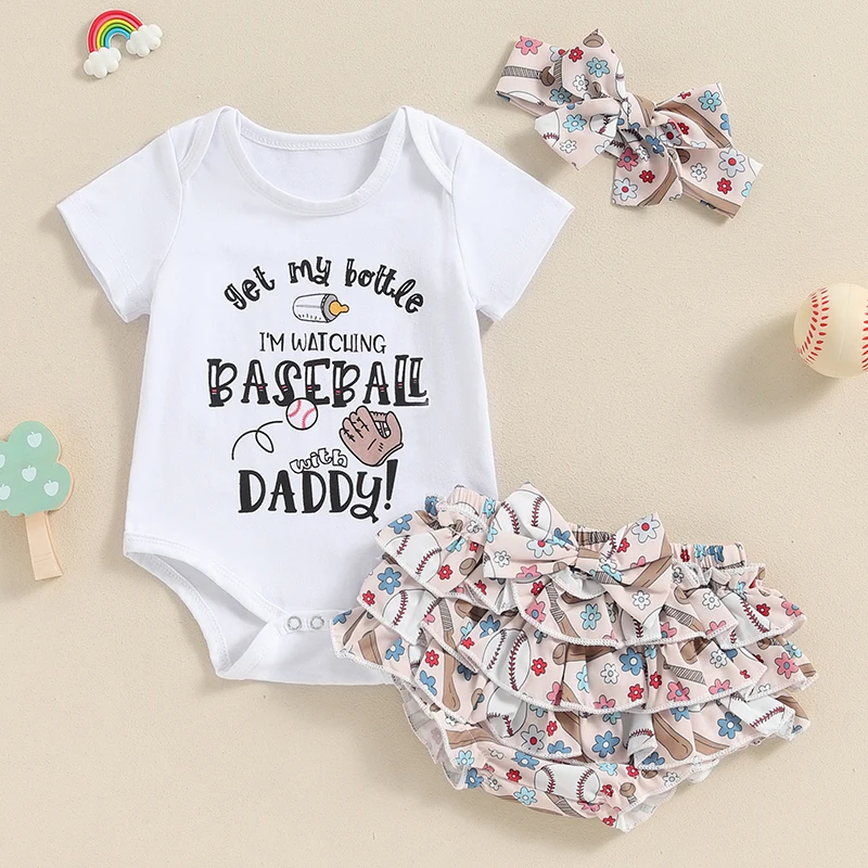 

2024-04-15 Lioraitiin Baby Girl Outfit Letter Print Short Sleeve Romper with Baseball Pattern Tiered Ruffled Shorts and Headband