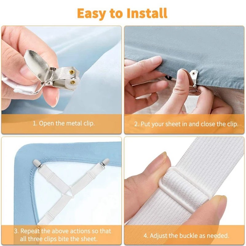 Bed Sheet Holder Straps, 4 PCS Bed Sheet Fasteners Adjustable Triple-Cornered Suspender Mattress Corner Clips