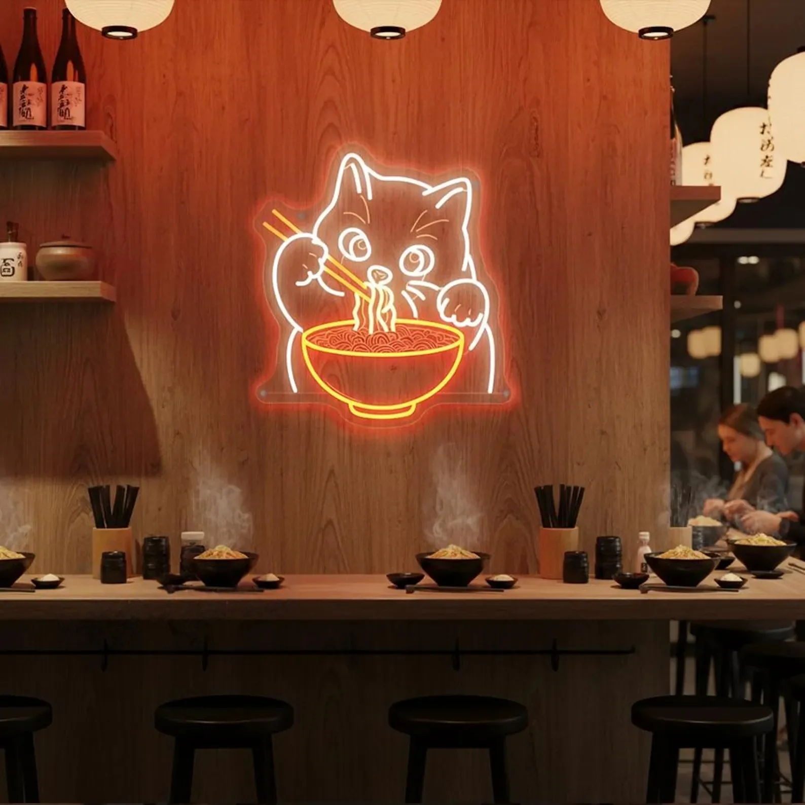 Noodle Cat Neon Sign: Kawaii Ramen Anime Decor, Kitty Eating Noodles Sign, Dining Room Kitchen Decor, Kid's Room Led Neon Light
