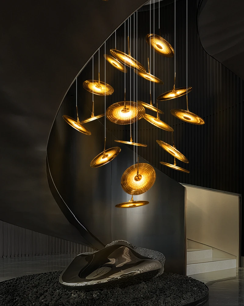 

2025 New Designer Flying Disc Spiral Glass Indoor Chandelier Pendant Lamp Luster Ceiling Light Dimmable for Staircase Lighting