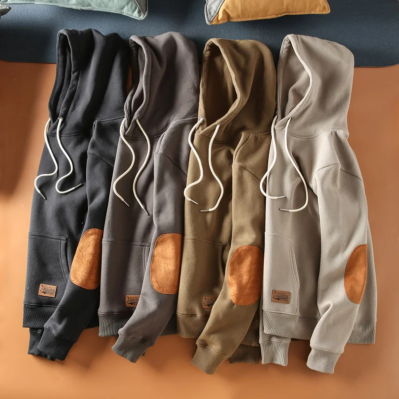 

Теплая флисовая толстовка с капюшоном в американском стиле, с нашивками на манжетах, молодежная, модная, осенне-зимняя, новая модель, однотонная, мужская.