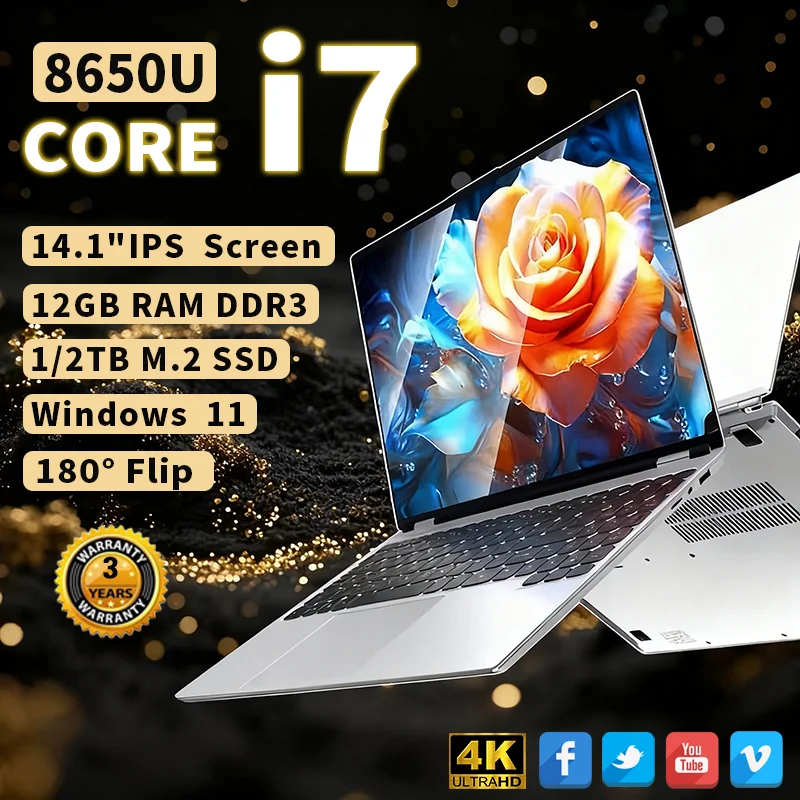 

2025 New 14.1" Ultra Slim Laptop 12GB RAM 1/2TB SSD Windows 11 Pro Core i7-8650U Notebook HD Games Office Study Computer