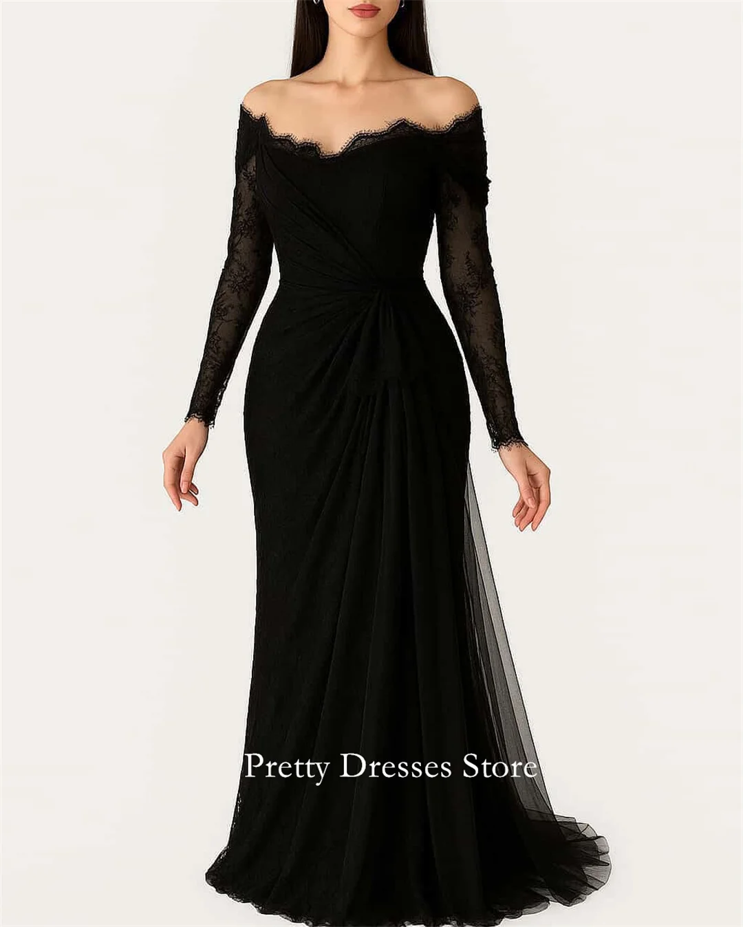 

Off the Shoulder Fashion Style Lace Black Vintage Long Sleeves Evening Dresses Customized Formal Prom Growns Party Women Bride