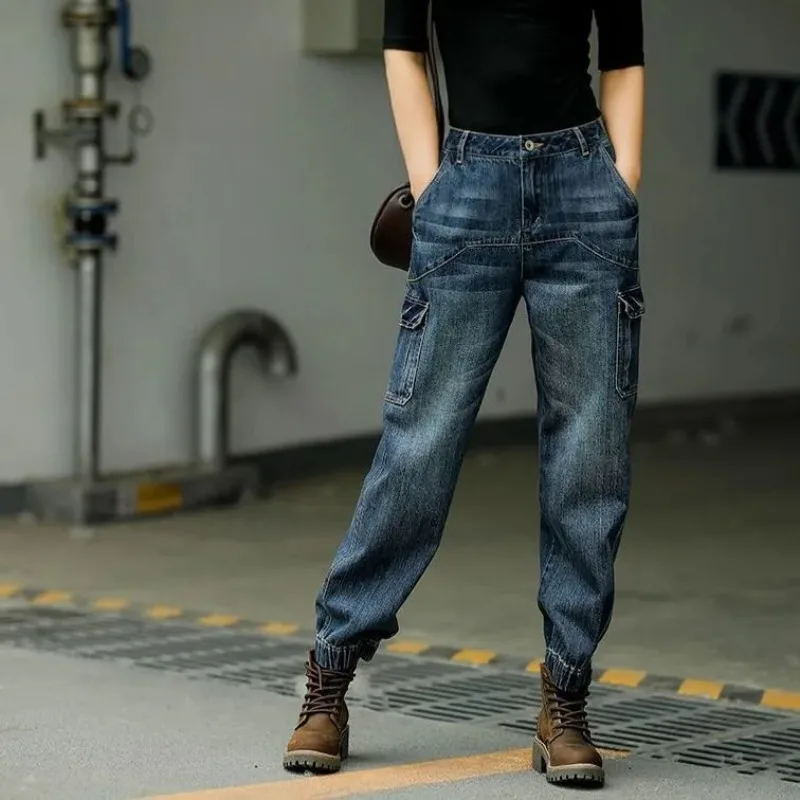 

2025 New Spring Fall Women's High-Waisted Cargo Jeans Loose Elastic Waist Straight-Leg Slimming Trendy Dad Denim Pants