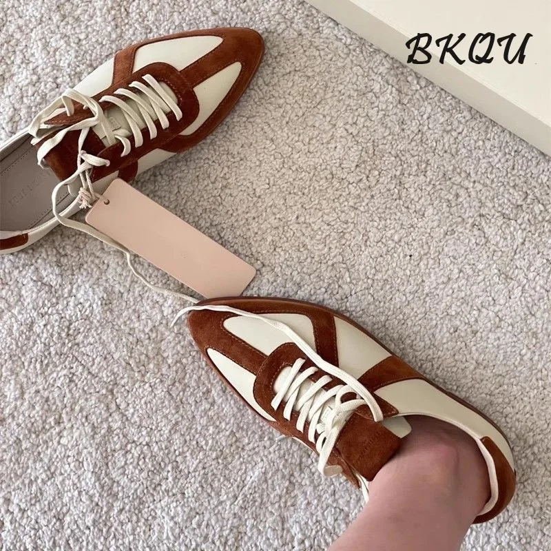 BKQU Ladies Pointe De Training Shoes 2024 New Retro Casual Color Matching Lace-up All Korean Version Spliced Flat Shoes