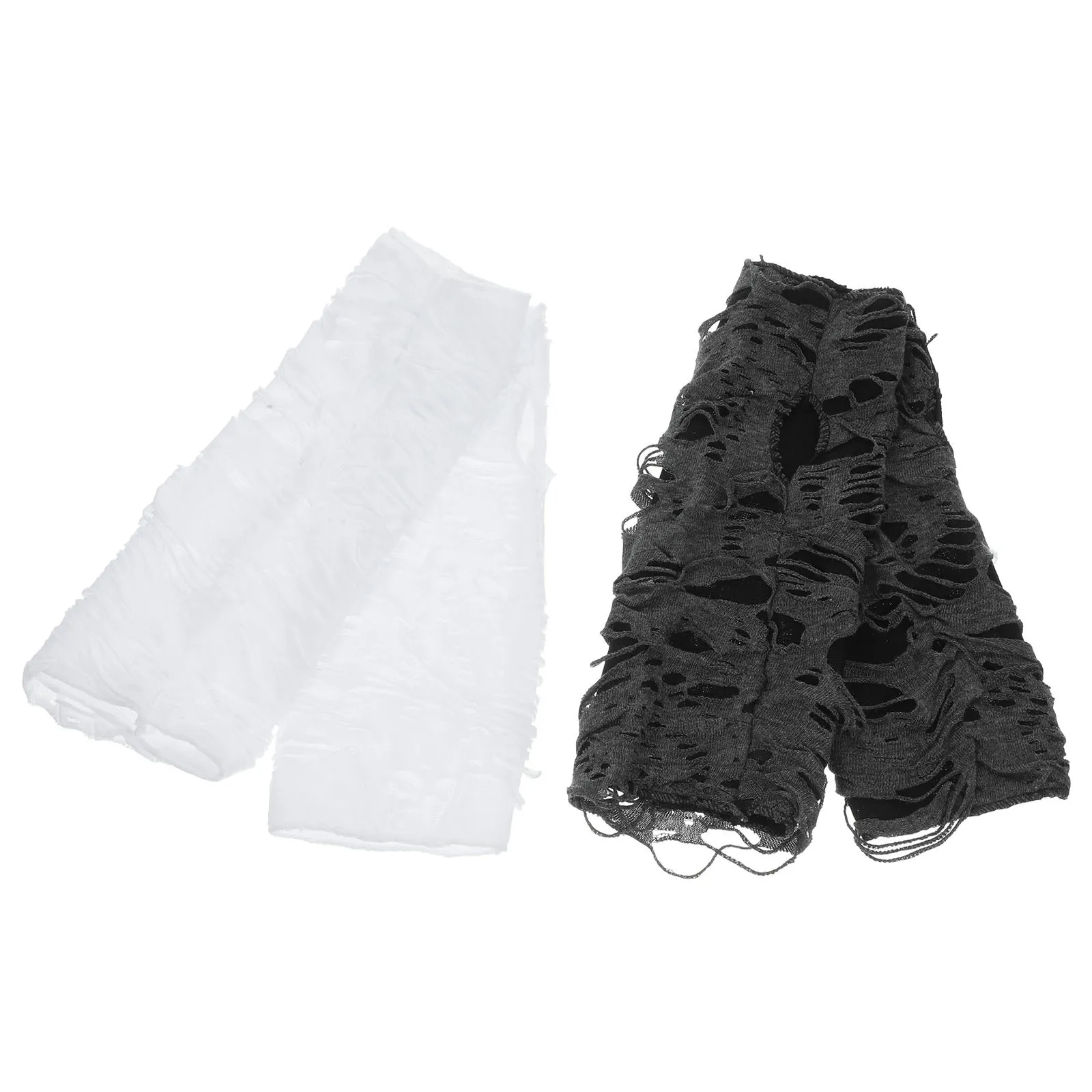 2Pairs Halloween Fingerless Gloves Ripped Polyester Punk Gothic Cosplay Party Gloves for Women Unique Costume Accessory