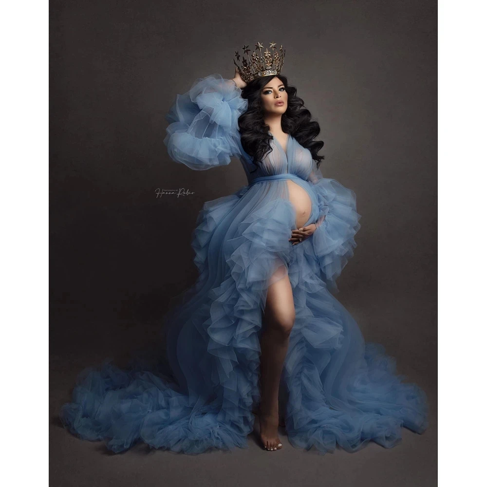 African Blue Long Sleeve Pregnant Women Photo Shoot Robes Tulle Ruffles Maternity Robe Women Dress Baby Shower Gowns Photography