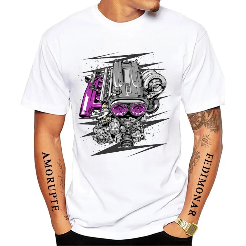 RB26 Engine Skyline R34 GTR Blue Print T-Shirt New Summer Men Short Sleeve Car Sport Cool Boy Casual Tops Fashion White Tees