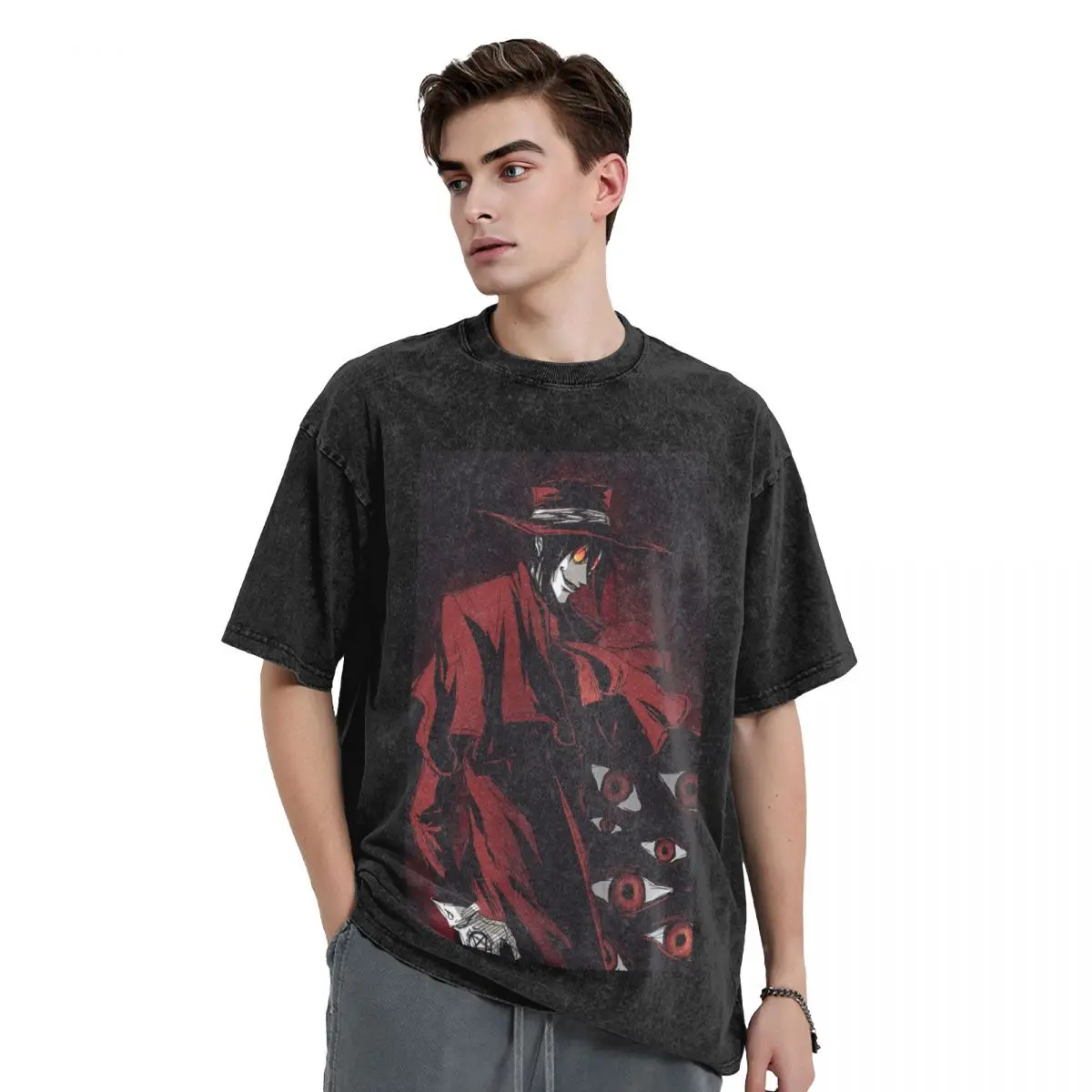 

Alucard Hellsing Manga Washed T Shirts Printed Short Sleeve Hip Hop T-Shirt Streetwear Tops Tees for Men Women