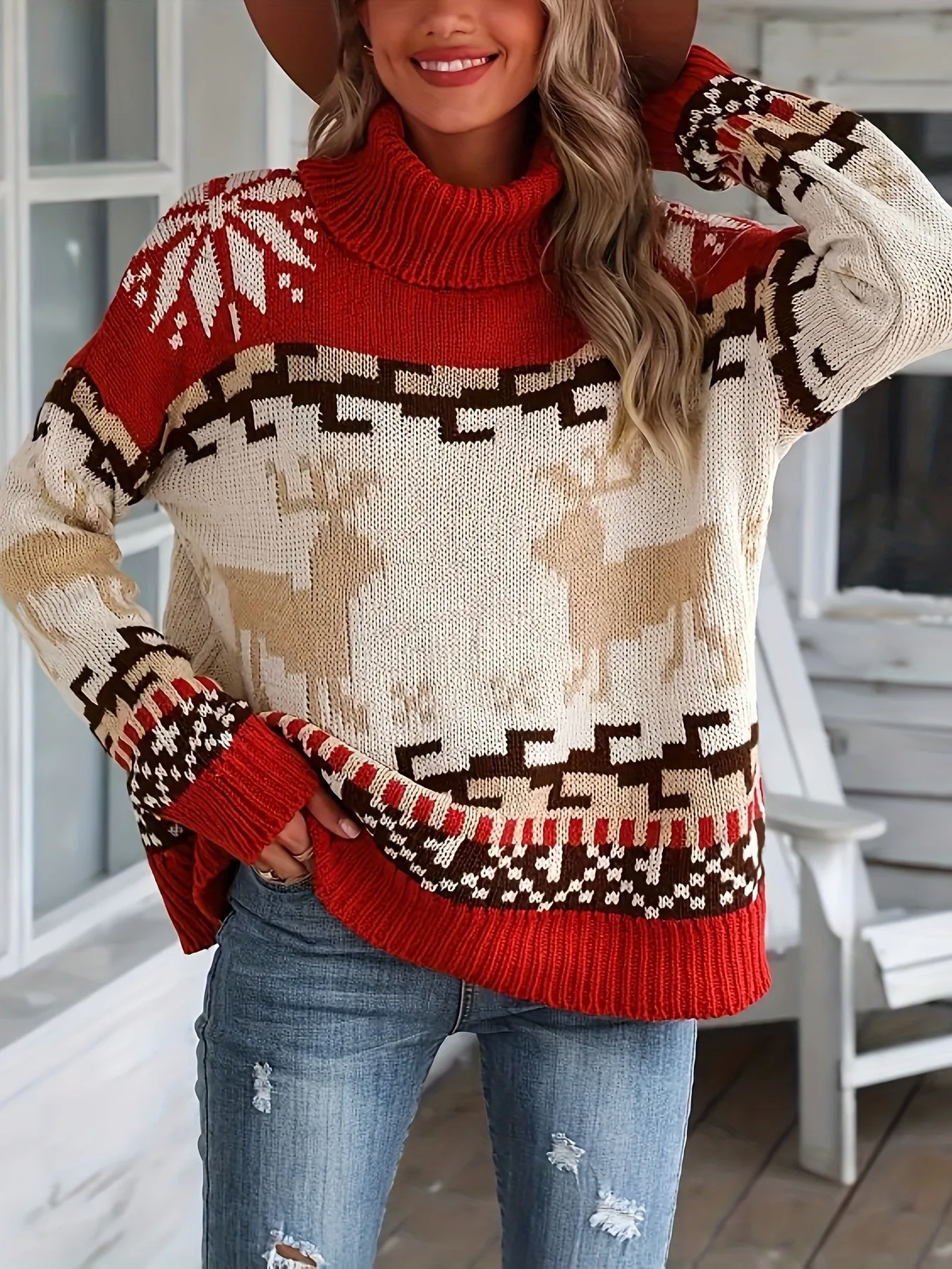 Damen Roter Fair Isle Rollkragenpullover Übergroßer Azteken-Muster Strickpullover Winter Warmer Lässiger Langarm-Pullover