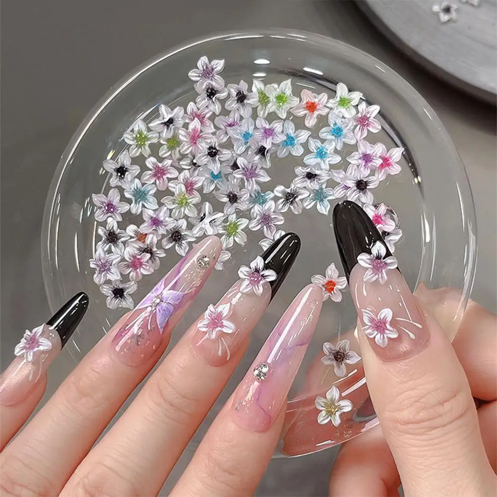50Pcs 3D Mixed-Color Soft Carving Flower Nail Charms Ice Transparent Cherry Blossom Nails Decoration Resin Floral Manicure Part