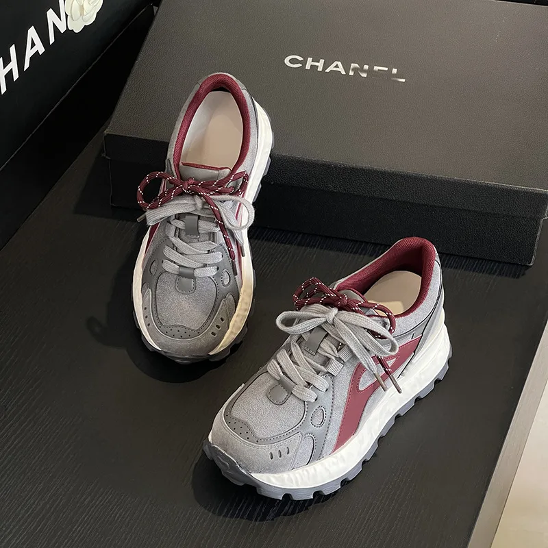 Gray Burgundy Patchwork Suede Chunky Sneakers For Women Dual Color Lace Up Design Round Toe Non Slip Serrated Thick Platform view 5