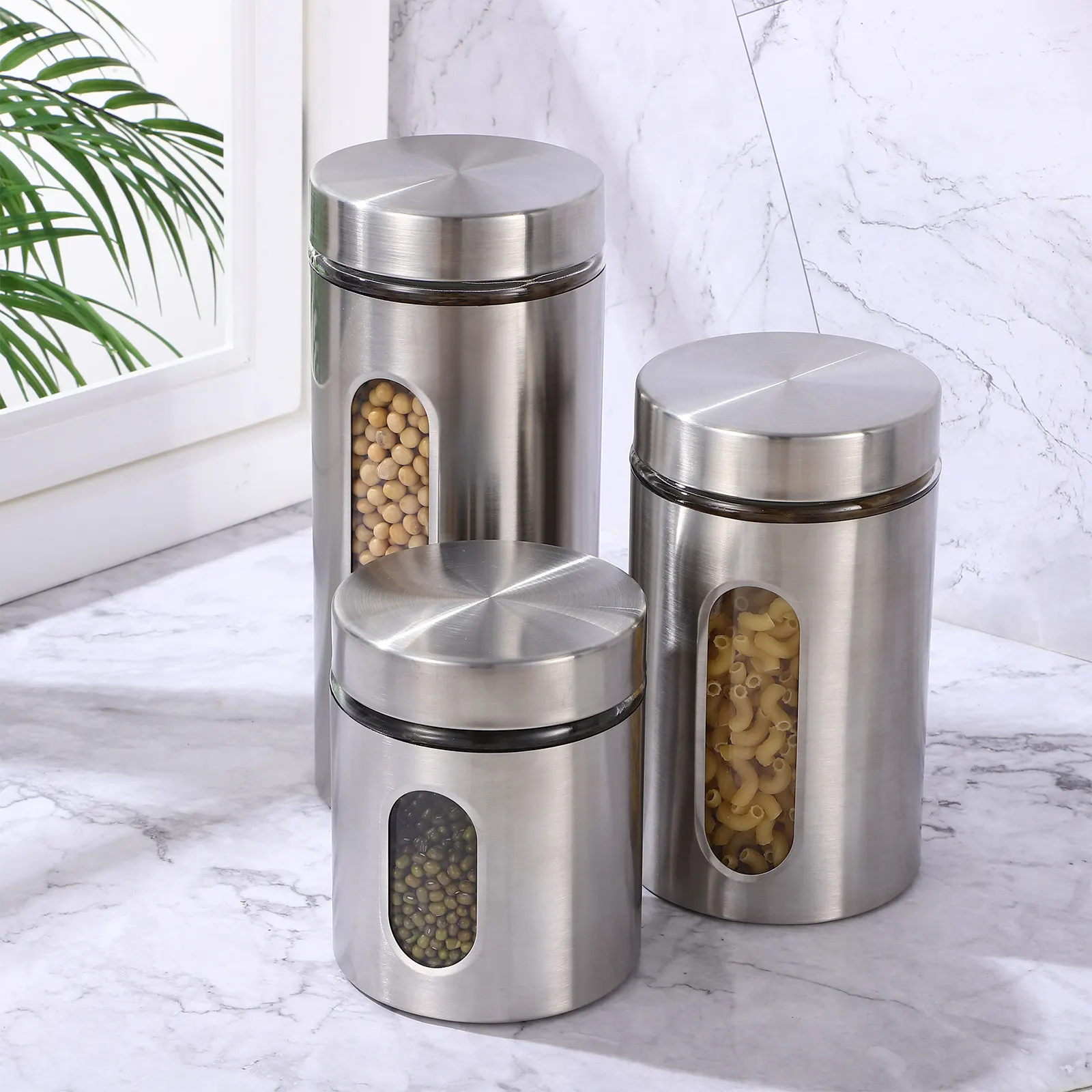 

3Pcs Kitchen Organisation Canister Premium Stainless Steel Storage Jar for Grains Beans Spices Fresh Keeping Container