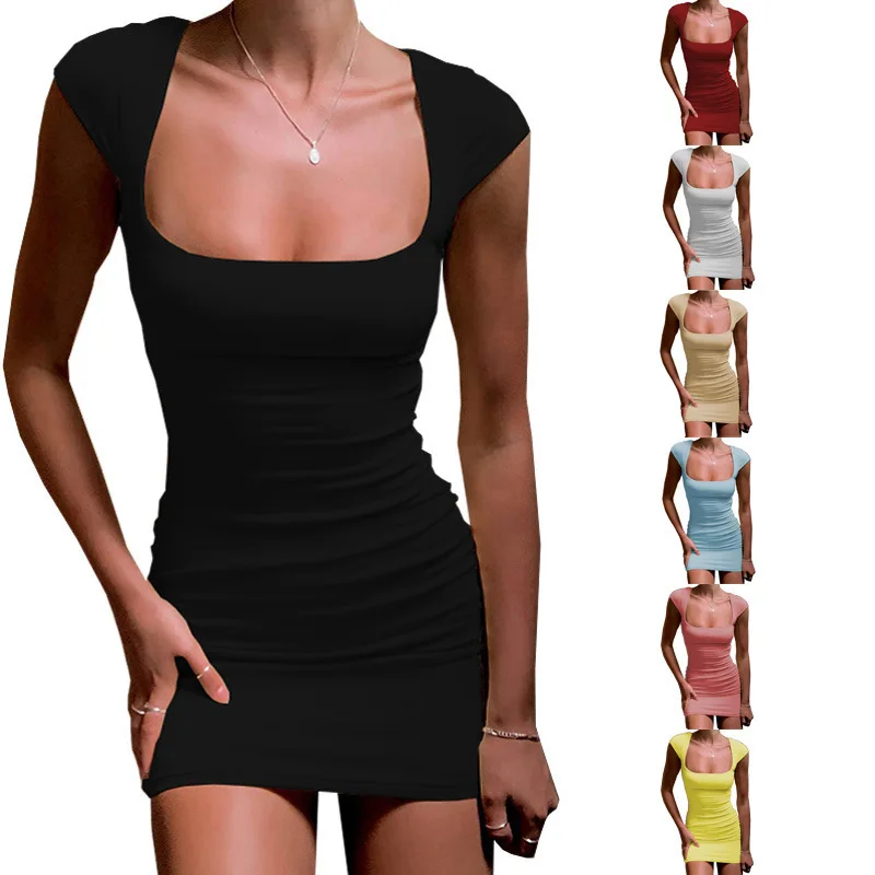 

Women's Dress 2023 Summer New Fashion Color Square Neck Sexy Short Sleeve Casual Dress Vestidos Female Dress