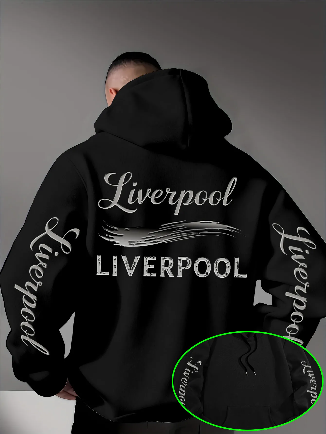 Herren Sport Hip-Hop Hoodie, Liverpool Schriftzug Textgrafik, Fleece-Gefüttertes Sweatshirt für Urbanen Streetstyle und Kaltes Wetter – Detail 2