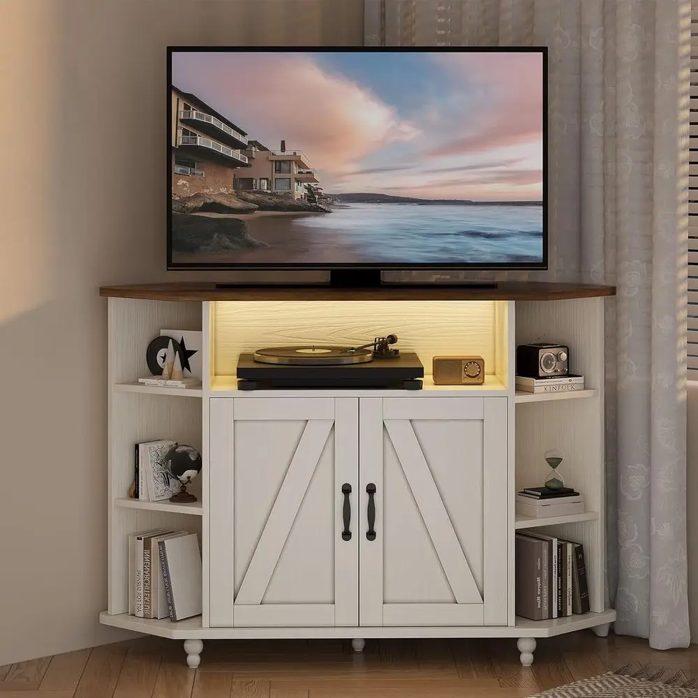 TV Stand or 50 Inch TV, armhouse Entertainment Center with LED Lights and Adjustable Shelves, TV Cabiwith Barn Door Living Room,