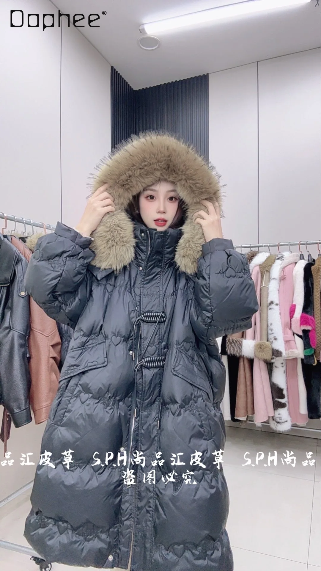 

2025 New Winter Women's Mid-Length Down Jacket Hooded Mid-Length Black Warm Jacket Large Fur Collar Down Jacket Women