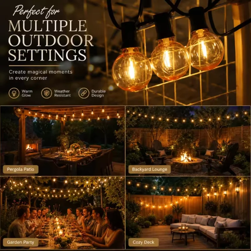 50/100FT G40 Solar Patio String Lights LED Canopy Lights Weatherproof Hanging Lights 8 Mode Dimmable Gazebo Lamp for Backyard