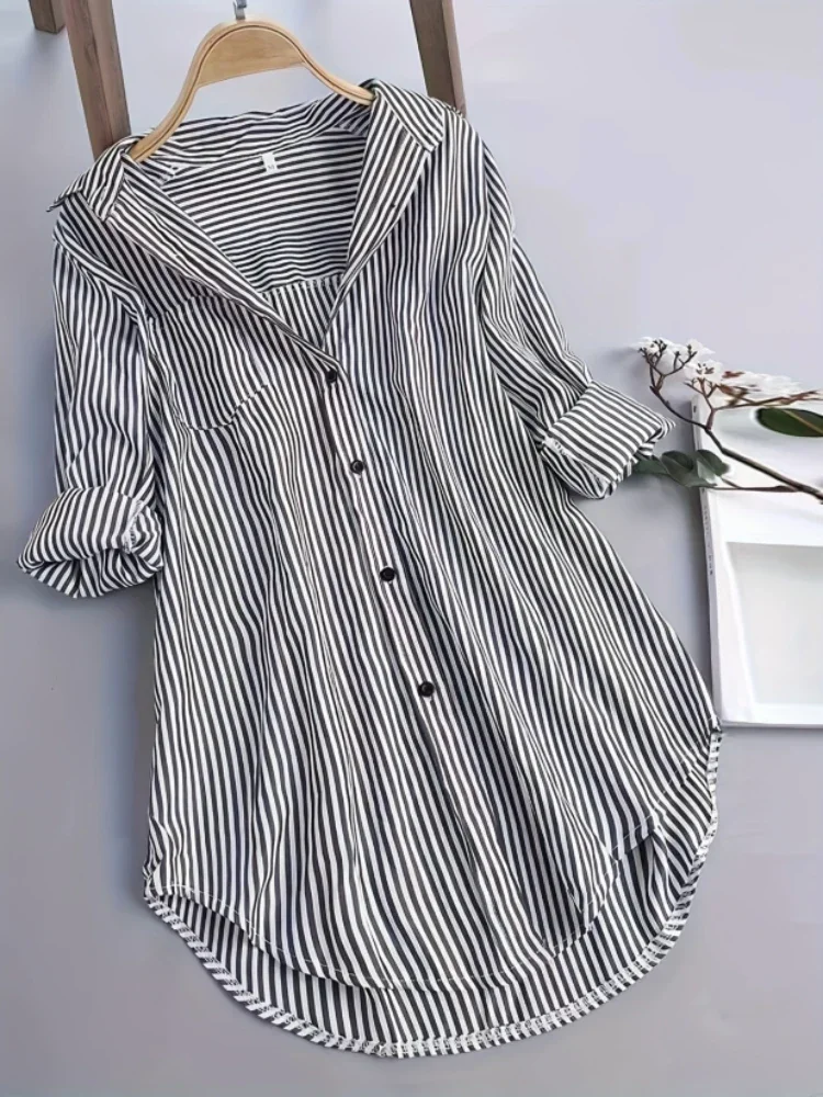 

Plus Size Women Shirt Blouse New Chic Stripes Blouse Long Sleeve The Collar Loose Female Tops Europe and The United States Style