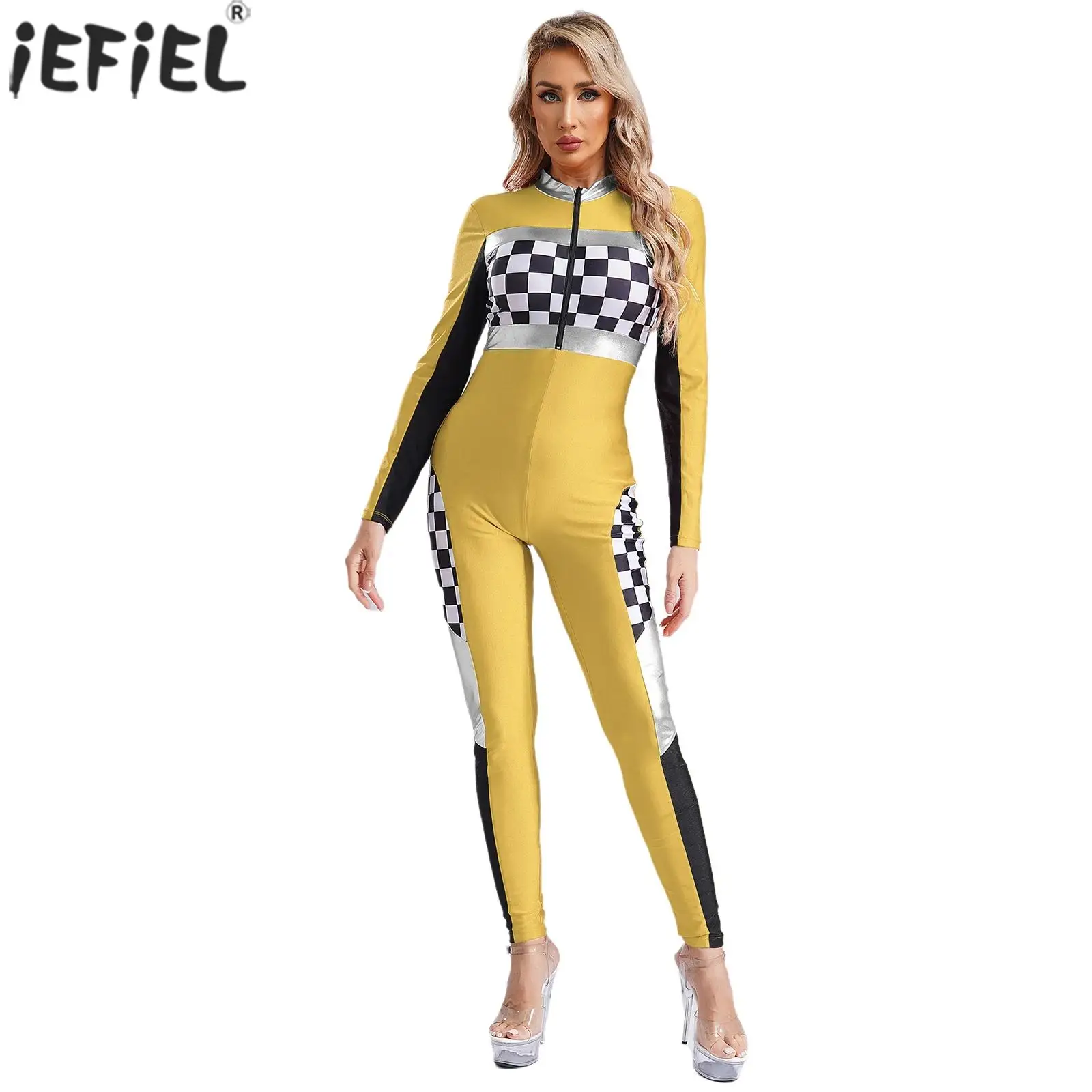 

Racing Driving Outfits Women Car Competition Skinny Jumpsuit Long Sleeve Plaid Patchwork Rompers Drifting Car Cool Outfits