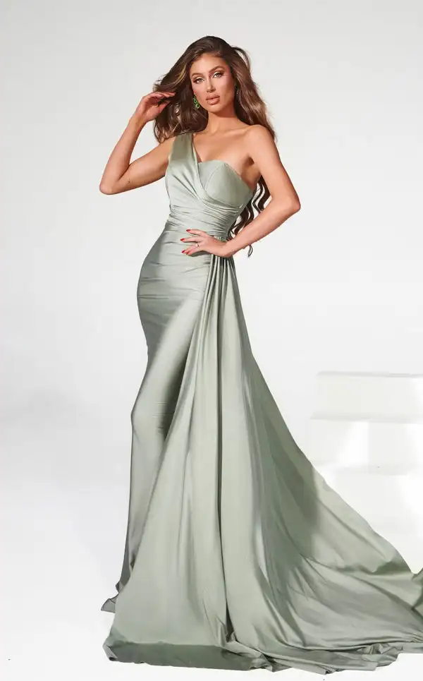 Customized Classic Charmeuse Pleat Draped Trumpet One-shoulder Long Dresses Bespoke Occasion Dresses Exquisite Sizes Available