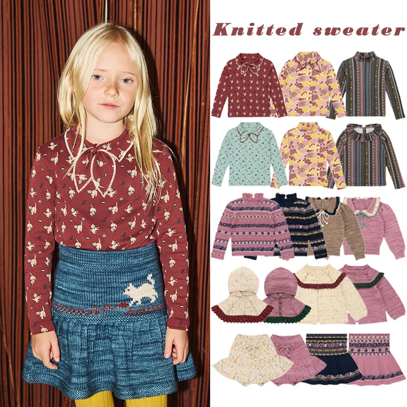 

Girls' Sweater 2025 Winter New Arrival Pink Bow Print Cute Kids' T-Shirt Cotton Children's Knit Cardigan Warm Girls' Knit Skirt