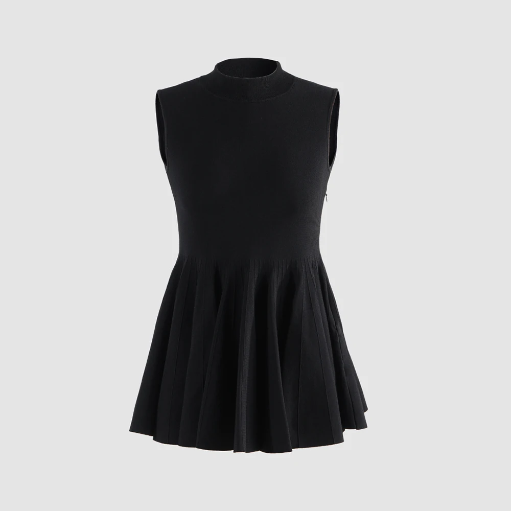 

Women's Sleeveless Mock Neck Knit Peplum Top Mini Dress – Elegant Ruffled Hem Slim Fit Tank Top for Office & Casual Wear 2026