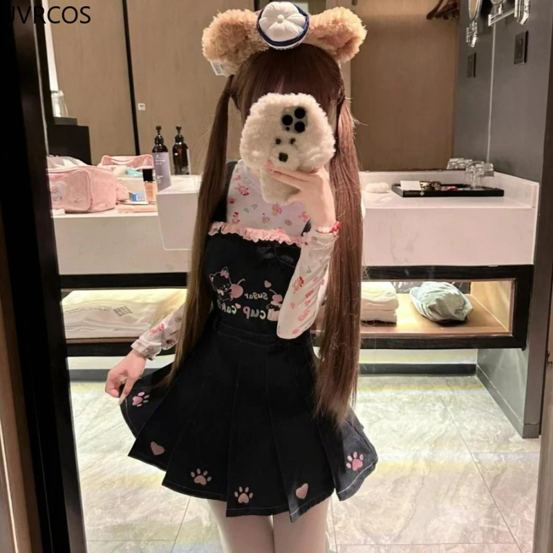 Sweet Lolita Style Skirt Set Women Kawaii Cartoon Print Long Sleeve T-shirts Bear Denim Suspender Skirts Suits Y2k Korean Sets