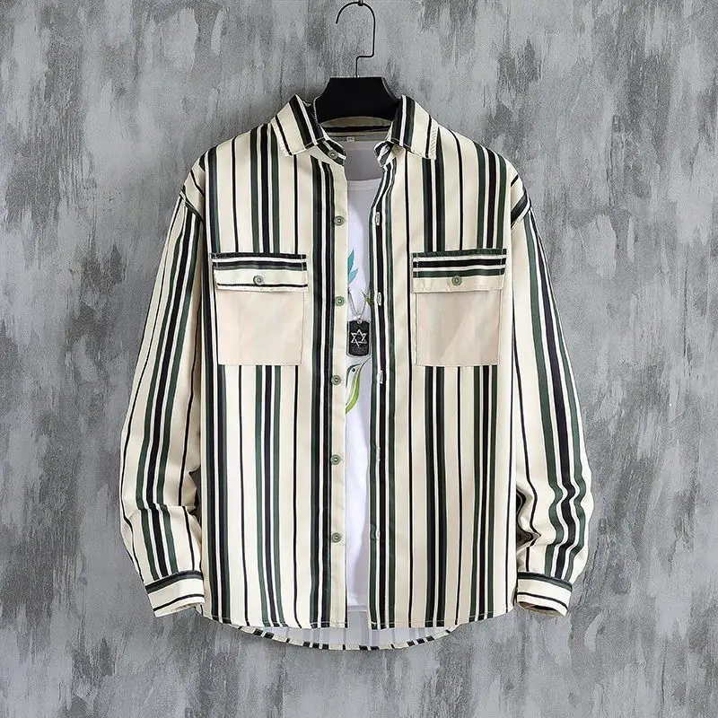 Male Top Striped Men\'s Shirt and Blouse Long Sleeve with Pocket Clothes High Quality Sleeves Regular Asia Social Slim Fit Button