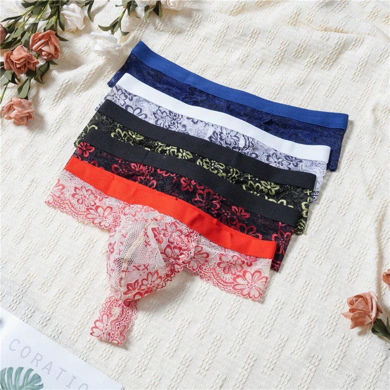Sexy Men's Thong Lace Soft Hollow Transparent Underwear Sissy Lingerie Low Rise T-Back Briefs Erotic Hombre Underpants