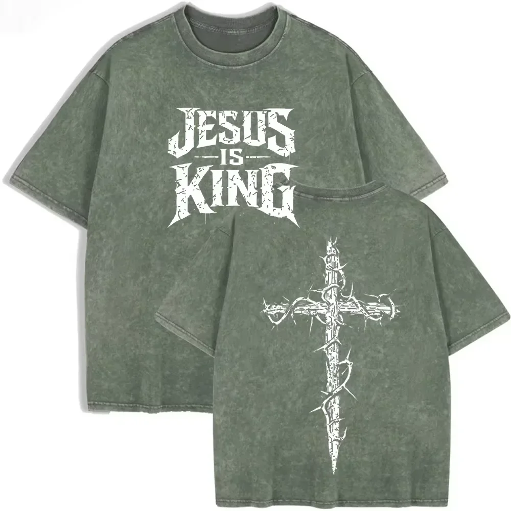 Asiatische Größe, Jesus Is King Cross Grafik-T-Shirt, gewaschenes Vintage-Distressed-Oversize-T-Shirt mit kurzen Ärmeln, Streetwear-T-Shirt – Detail 8