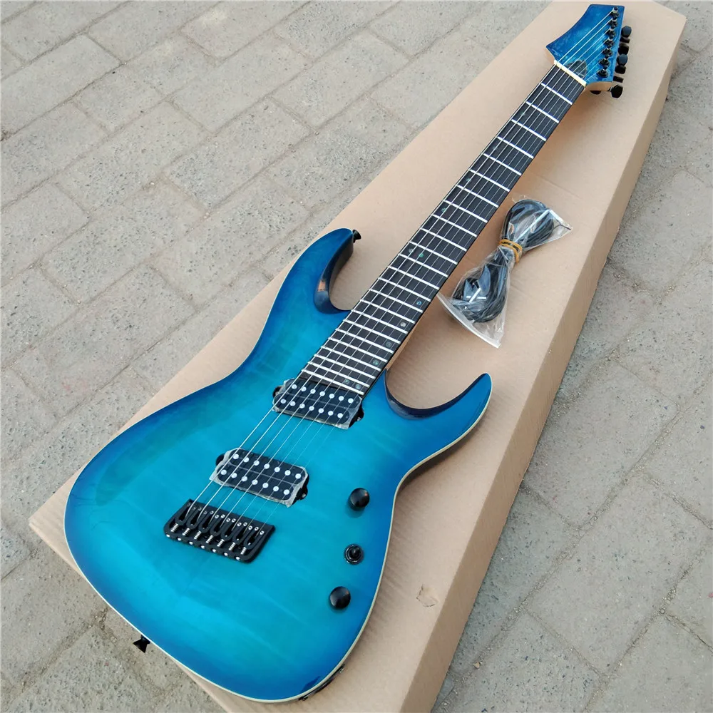 Blue Fan Fretted 7 Strings Fan Fretted Electric Guitar,Flame Maple Top Mahogany Body&Rosewood Fingerboard BJ-503