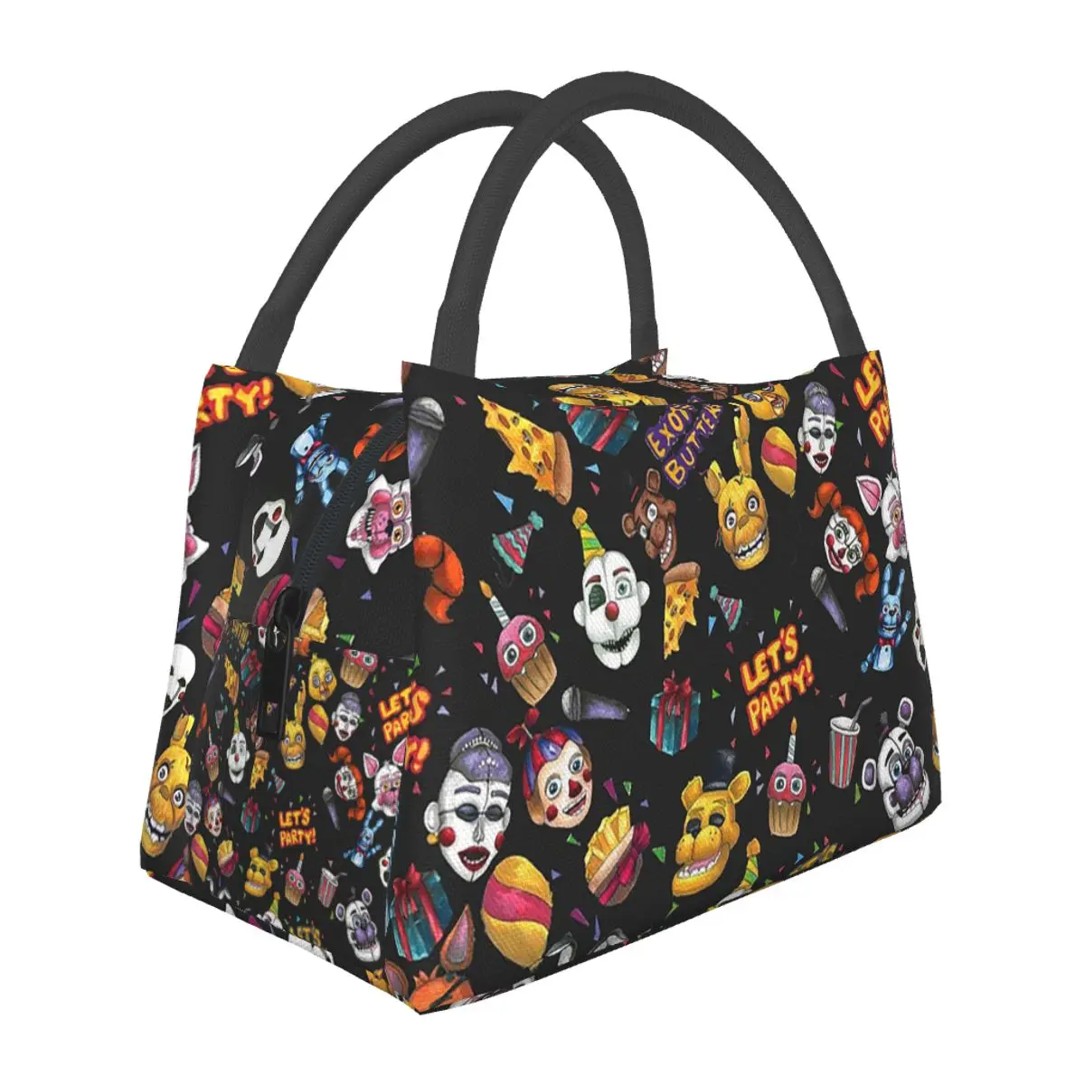 Fnaf Let's Party Black Lightweight Handheld Insulated Lunch Bag Aluminum Foil Liner for Adults Students Travel Picnic