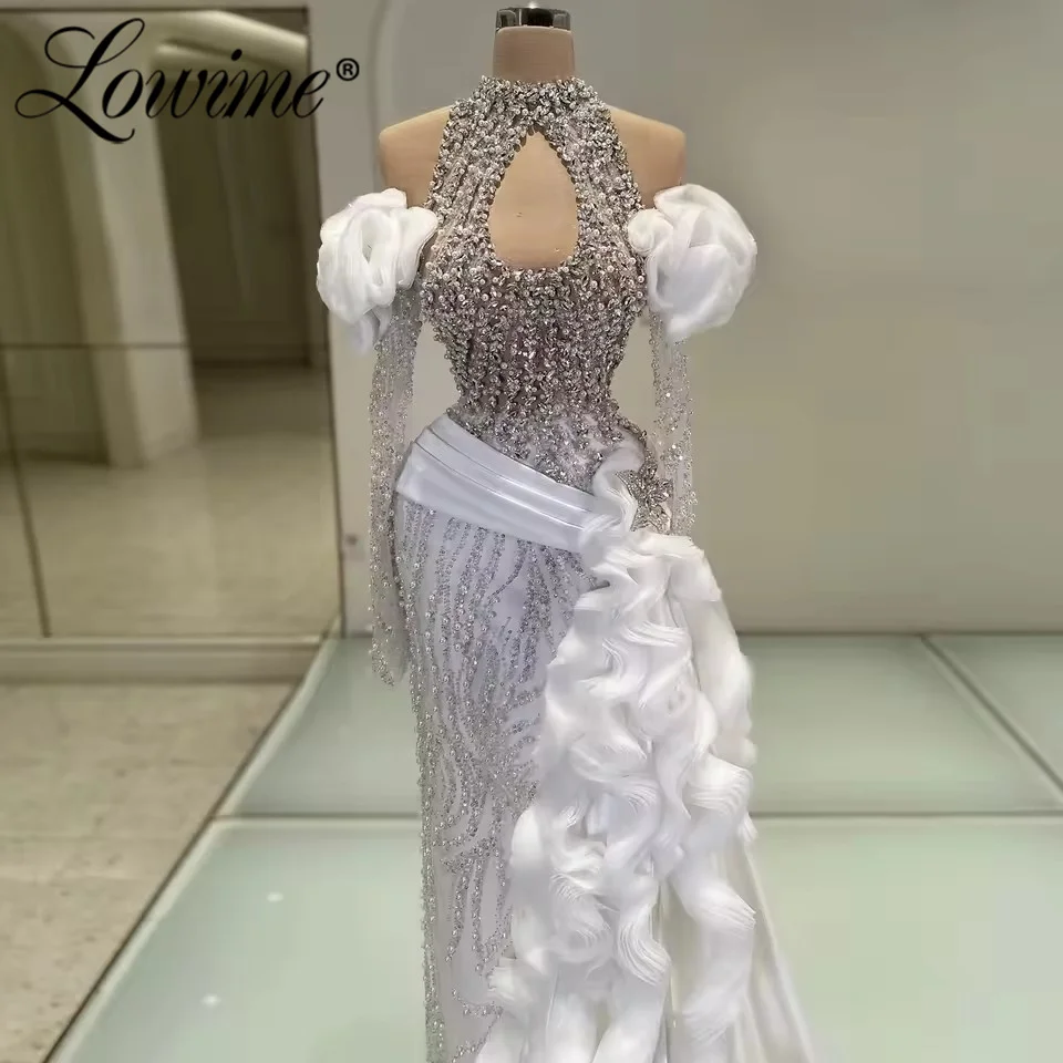 Lowime 2026 الأبيض الكشكشة طويلة فساتين لحضور الحفلات الموسيقية رداء اللؤلؤ كريستال حورية البحر فستان الحفلات مخصص أنيق رسمي المرأة ثوب مسائي