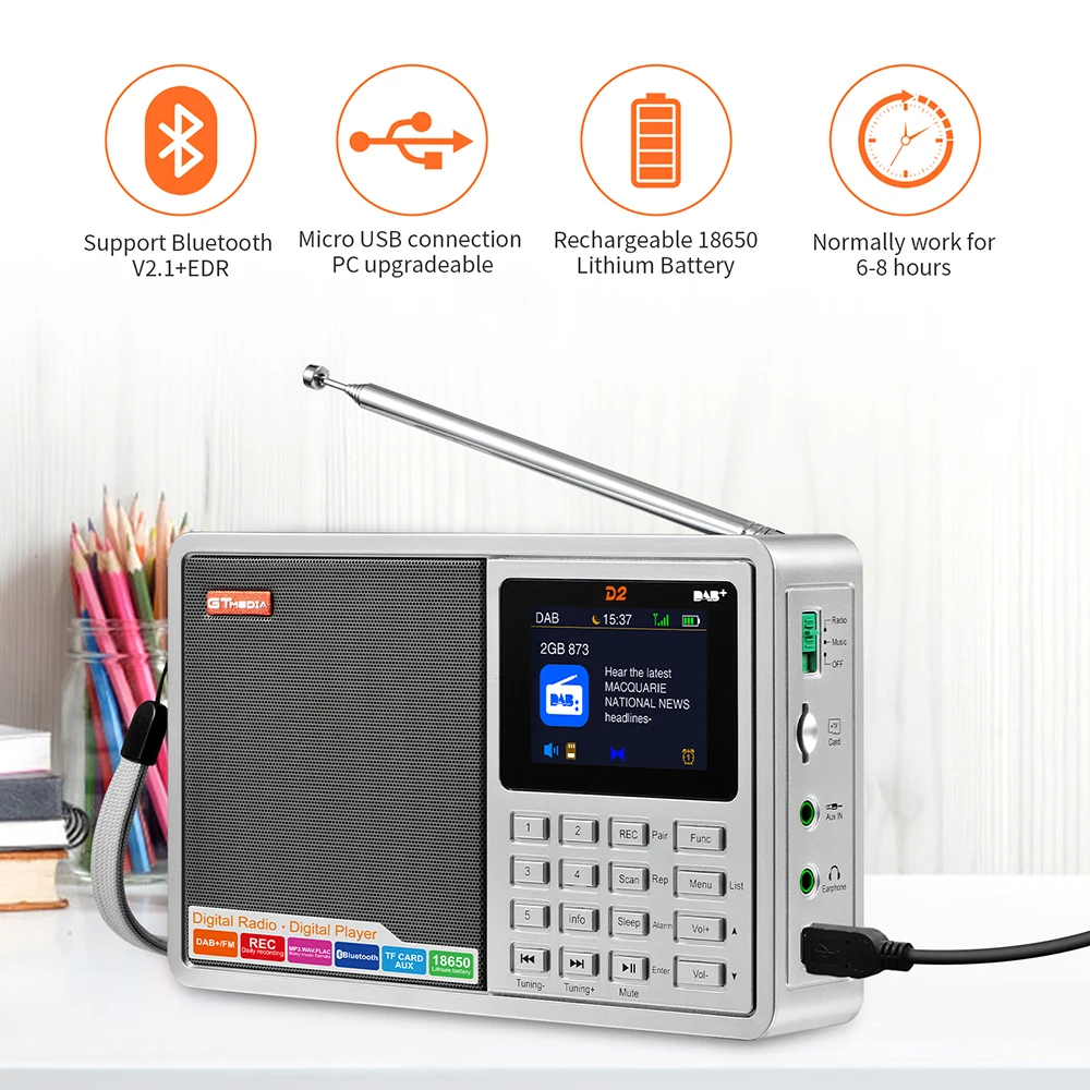 GTMEDIA D2 FM/DAB+RDS Full Band Portable Radio with Multifunction stereo earphone listening Rechargeable Radio TFT color display