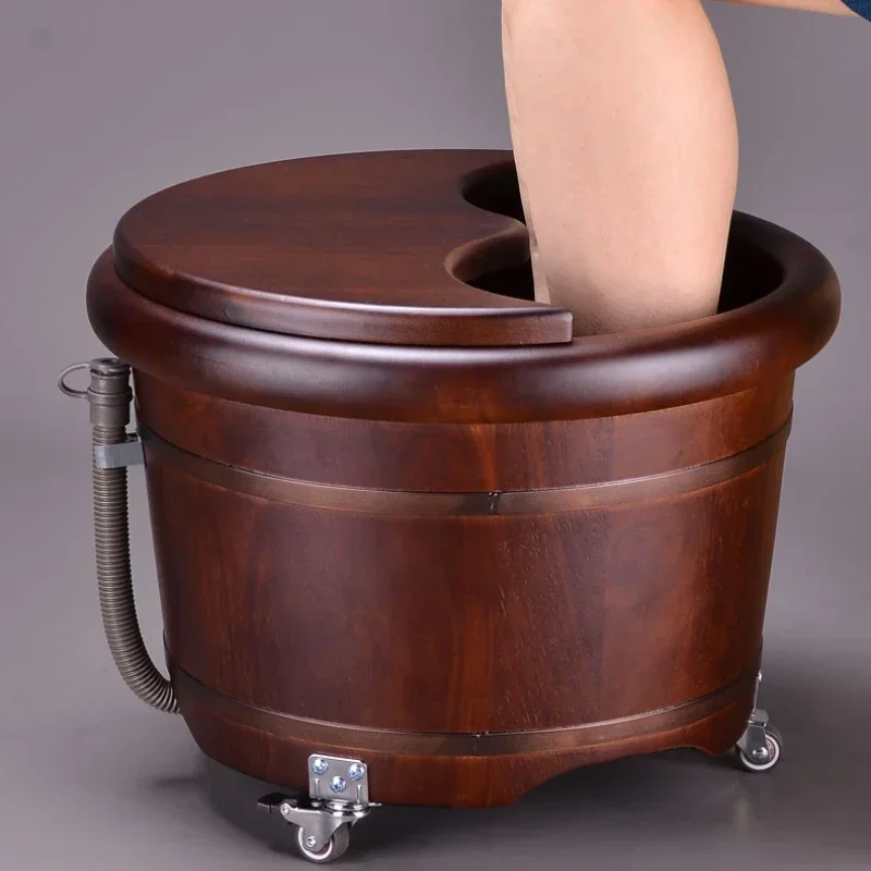 Foot Bath Bucket with Wheels Solid Wood Insulated Wash Basin Massage Tub Relaxing Home Spa Mobile Spa Tub Heated Foot Soaker