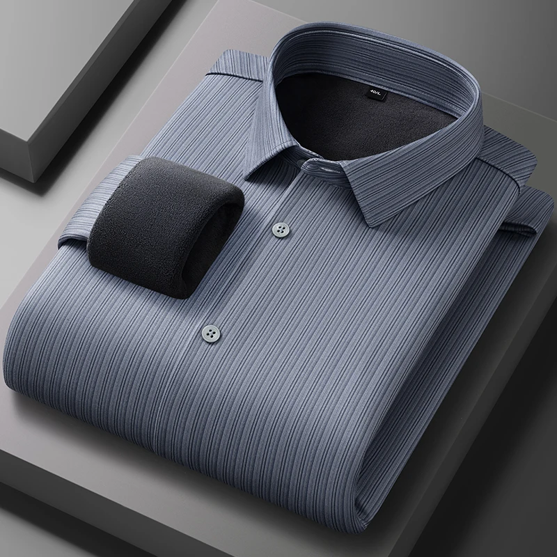 Kemeja lengan panjang bergaris ModaL hangat musim dingin untuk pria kemeja kasual slim fit lembut anti-kerut elegan pakaian tebal.