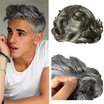男性用ナチュラルヘアウィッグ,レミー100%,PUスキンウィッグ,人工毛,ヘアシステム,グレーと白,8x10 1b50