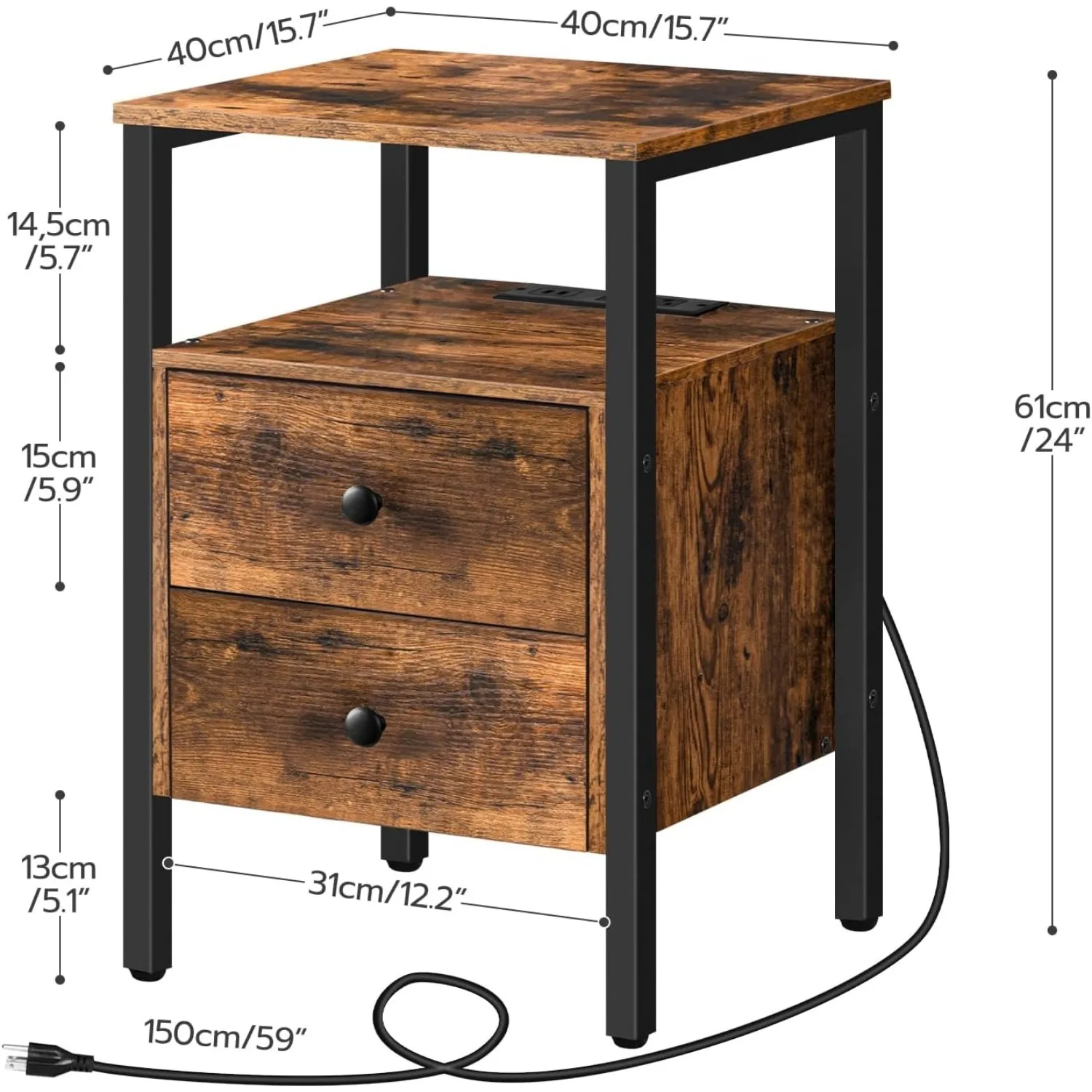 End Table with Charging Station and USB Ports Side Table with Drawers and Storage Shelf Set of 2 Bedside Table for Small Spaces