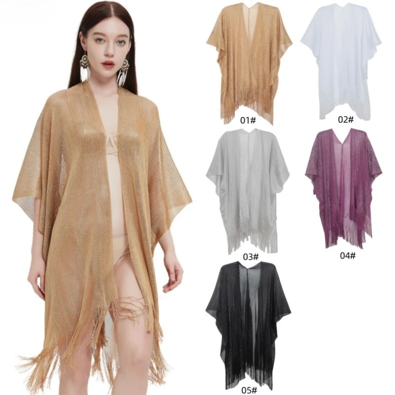 

Women's Sheer Lightweight Shawl Solid Color Metallic Thread Fringe Trim Breathable Summer Cover Up All Seasons Fashion Wrap​