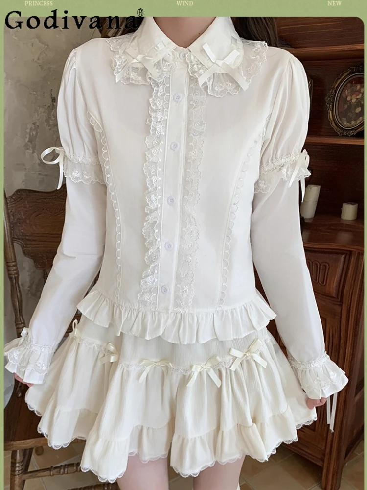 

Нижняя рубашка в стиле Лолиты с воротником Питера Пэна, футболка с длинными рукавами и милым бантом для девочек, осенне-зимний милый кружевной универсальный топ, уменьшающий возраст