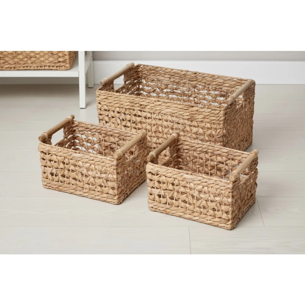 

Набор из 3 корзин для хранения водных гиацинта, тканые декоративные органайзеры для домашнего офиса, кухни, стирки с ручками