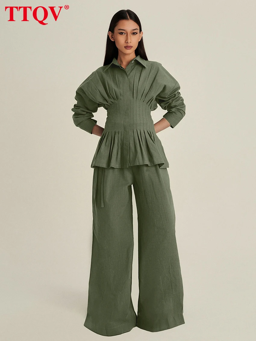 

TTQV Fashion Loose Wine Red Cotton Two Piece Outfits Woman 2026 Elegant Long Sleeve Shirt With High Waist Wide Pants Set Female