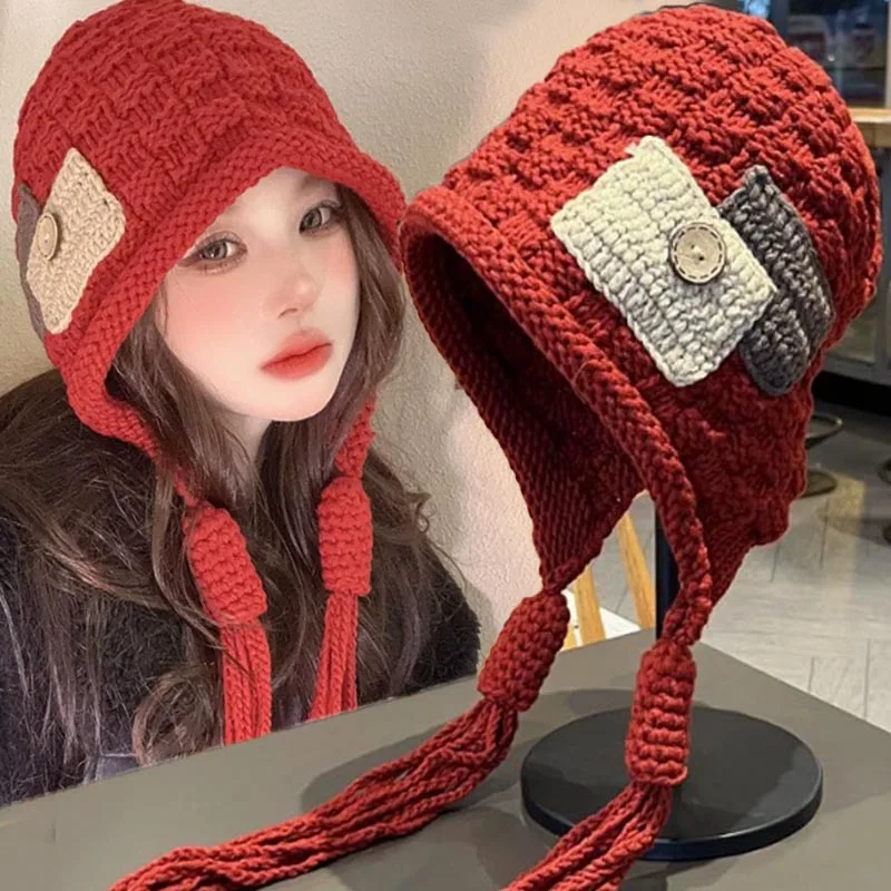 Women Knitted Wool Tassel Hat Fashion Patchwork Winter Warm Handmade Crochet Earmuffs Caps Korean Coldproof Pullover Beanies Cap